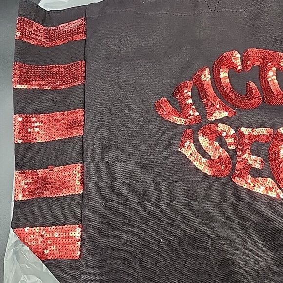 Victorias Secret Black Red Sequins Tote Large Travel Bag Valentines Day Lips NEW - Picture 5 of 16